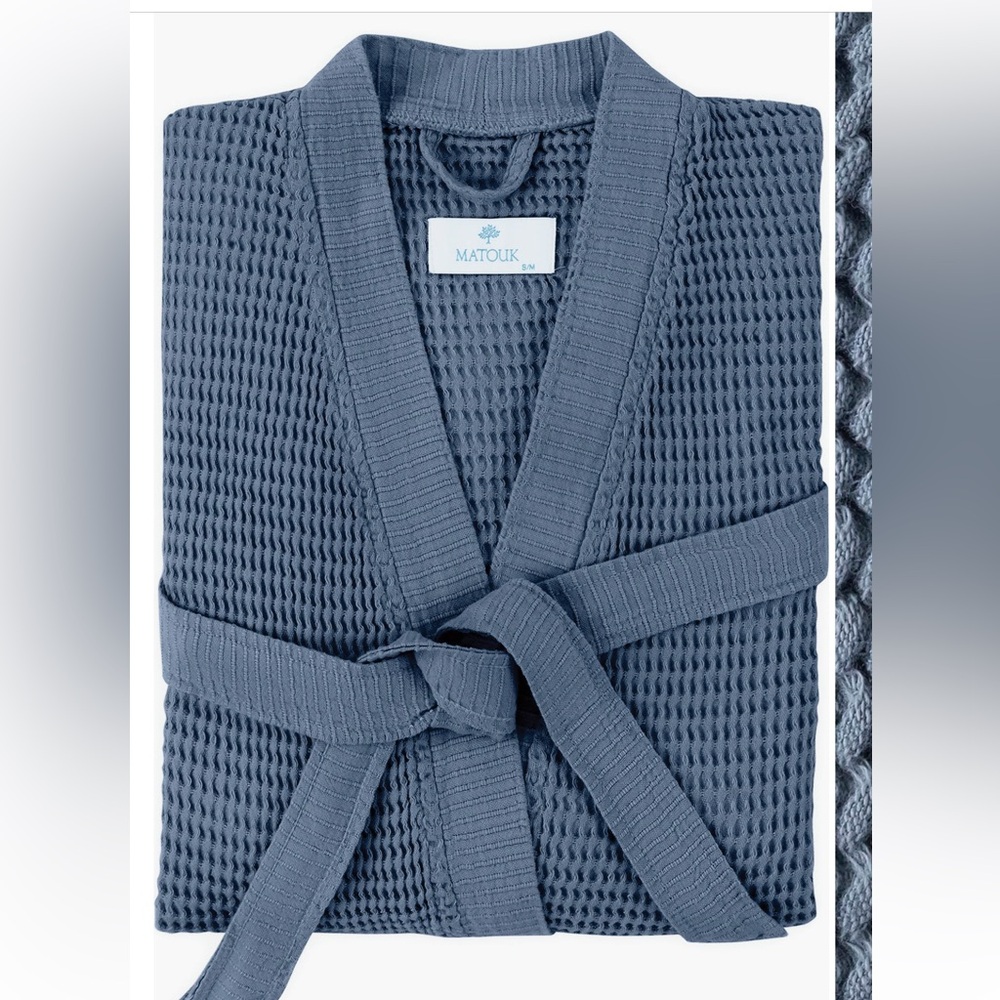 Matouk Kiran Waffle Cotton Viscose Bamboo Robe in sea blue size   S/M
